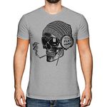 Candymix Graphic Men's T-Shirt - Work Hard Play Hard: Smoking Skull Wearing Headphones - Premium Cotton Tee for Men, Short-Sleeve, Crew Neck, Contemporary Fashion Fit, Size 2X-Large, Colour Grey Marl