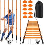 Soccer Agility Training Equipment: 6 Soccer Agility Poles, 20ft Agility Ladder, 10 Soccer Cones, 1 Jump Rope. Soccer Training Poles for Speed Training, Agility Training (Orange)