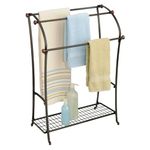 mDesign Large Freestanding Towel Rack Holder with Storage Shelf - 3 Tier Metal Organizer for Bath & Hand Towels, Washcloths, Bathroom Accessories - Bronze/Warm Brown