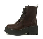 Soda FLING Women Chunky Lug Sole Lace up Fashion Combat Ankle Boot w/Side Zipper, Brown Pu, 8 Wide