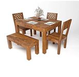 THE WOODEN CITY Solid Sheesham Wood Dining Table 4 Seater Dining Table Set with 3 Chairs & 1 Bench Dinner Table Set for Dinning Room Home,Hotel and Office (4 Seater, Honey4)