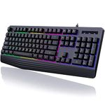 Gaming Keyboard, 7-Color Rainbow LED Backlit, 104 Keys Quiet Light Up Keyboard with Wrist Rest, Multimedia Keys, Whisper Silent, 19 Anti-ghosting Keys, Waterproof Office Wired Keyboard for PC Mac Xbox