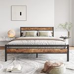 HOJINLINERO King Size Bed Frame with Wooden Headboard,Matel Bed Frame King Size/Kingsize Bed Frame Mattress Base,Strong Metal Slats Support No Noise,Solid Metal Bed Frame Double Bed,Black+Rustic Brown