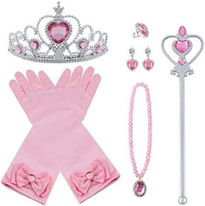 Vicloon 9Pcs Princesa Vestir Accesorios Regalo Conjunto de Belleza Corona Sceptre Collar Guantes para Niña - Rosado