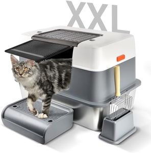 Bartuke Cat Litter Box with Lid, XXL Stainless Steel Litter Box for Big Cats 3 Layer Removable Litter Box with lid & Scoop&Pedal, Non-Sticky, Non-Odor, Easy Cleaning, Light Grey