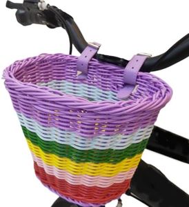 Kids Bike Basket, Front Bicycle Bike Baskets for Kids, Small Wicker Bike Basket for Boys and Girls, Small Wicker Basket for Bike, with 1pc Bicycle Bell, and 1pairs Ribbons Tassels (Rainbow Color)