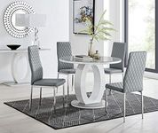 Furniturebox UK Dining Room Set - Giovani Round Dining Table and Chairs Set Of 4 - Contemporary High Gloss and Glass Table with Exquisite Milan Chairs (Dining Table + 4 Grey Milan Chairs)