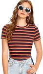 Milumia Women's Casual Multi Striped Ribbed Knit Short Sleeve Tee Knit Top Tshirt Multicolor Red Large