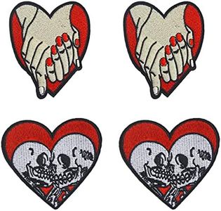Joynaamn 4 PCS Iron on Patches for Couples, Skull Heart Decorative Applique Embroidered with Extra Sewing Kit for Clothes Backpack Jacket Hat