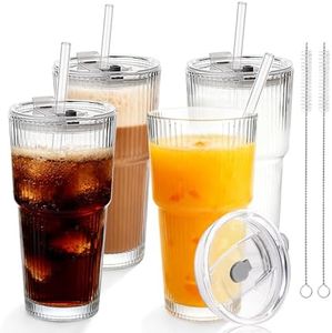 Elitrivox 20 OZ Glass Coffee Cups with Lids and Straws, Set of 4 Ribbed Glass Tumblers, Iced Coffee Cups with Lids, Reusable Glass Cups for Cold Brew, Latte, Tea, Coffee Bar Accessories, Home Office