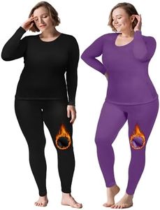 Patelai 2 Sets Plus Size Long Thermal Underwear for Women Fleece Lined Base Layer Pajama Top and Bottom Cold Weather, Black, Purple, 28 Plus