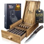 Steak Knives Set of 6 with Drawer Organizer, 4.8 Inch High Carbon Japanese Style Non Serrated Meat Knife with Wood Handle, Damascus Pattern Full Tang Design, Razor-Sharp Dinner Knives