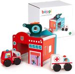 boppi Wooden Toy Emergency Rescue Centre Building Playset | Toys with Ambulance Fire Engine and Helicopter | Play Accessory Vehicles for 3 Years and Up