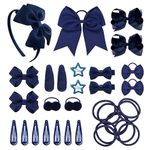 SKHAOVS 33 Pieces Blue Girls School Hair Accessories Kit Girls Hair Accessories Set Ribbon Style Bow Bobbles Headband Large Cheer Bow Hair Accessories for Girl Teen Toddler Birthday Gift (Blue)