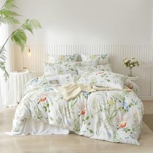 DXHOME Juego de ropa de cama de 135 x 200 cm, 4 piezas, color blanco, verde, multicolor, flores, plantas botánicas, estampado de flores acogedoras, ropa de cama de verano, suave microfibra, funda
