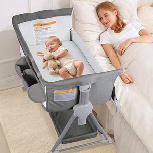 BIERUM Baby Bassinet, Bedside Sleeper for Baby, 7 Height Adjustable Bedside Bassinet with Wheels, Easy to Assemble Portable Bedside Crib with Large Storage Bag for Newborn/Infant, Mattress Included
