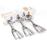 Ice Cream Scoop, Cookie Scoop Set of 3, Stainless Steel Ice Cream Scooper Include Large-Medium-Small Size, Good Grips Trigger Durable Squeeze Melon Disher Mini Cupcake Scoop Elegant Gift Box