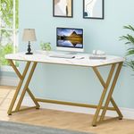 LVB White and Gold Desk, Wood Faux Marble Home Office Computer Desk, Modern Study Executive Table for Gaming Writing, Metal Simple Student Desk with Storage for Bedroom, White Marble and Gold, 55 Inch