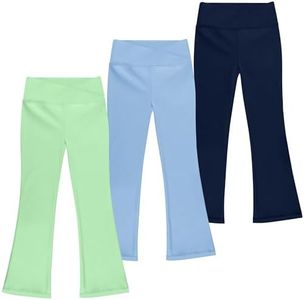 BIG ELEPHANT Flare Leggings for Girls, Crossover High Waisted Kids Bell Bottom Pants with Pockets for Yoga Dance