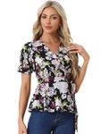 Allegra K Women's Wrap Peplum Top Blouse Tie Waist Short Sleeve Ruffle Floral V Neck Belted Shirts Black-Floral X-Small