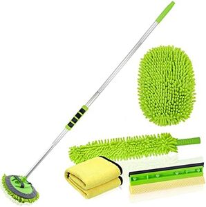 Cepillo de Lavado de Coches con Mango Largo Microfibra Chenille Fregona de Lavado de Coches, Kit de Limpieza de Parabrisas con escobilla de Goma, Toallas de Microfibra para Coches, Camiones y Barcos
