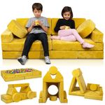 Lunix LX15 14pcs Modular Kids Play Couch, Child Sectional Sofa, Fortplay Bedroom and Playroom Furniture for Toddlers, Convertible Foam and Floor Cushion for Boys and Girls, Yellow