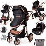 Baby Pram with Car Seat Lightweight Buggy Stroller Foldable Pushchair 3 in1 Baby Travel System Newborn Toddlers (Black - Rose Gold)