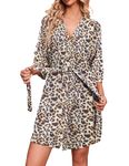 Ekouaer Womens Bathrobe Soft Warm Robes Waffle Dressing Gown Leopard Loungewear