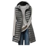 Hooded Gilets for Women UK Sleeveless Down Jacket Mid Length Gilet Ladies Warm Plain Waistcoat Winter Cotton Padded Vest Zip Up Sleeveless Overcoat Thermal Bodywarmer Work Office Clearance Grey XL