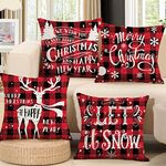 Christmas Cushion Covers Set of 4 - Red Black Tartan 18x18, Linen Covers Square Pillowcase for Sofa Car Home Decor Xmas Design Decorations