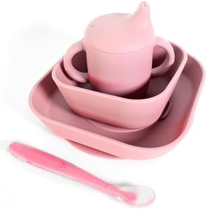Bluet B Baby - Set Vajilla de Silicona para Bebe – Set de 4 Piezas - Plato con Ventosa – Vaso de Aprendizaje para Bebe – Bol de Silicona – Cuchara BLW – Apto para Lavavajillas y Microondas (Rosa)