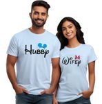 Wear Your Opinion Couple T Shirt for Couple| Anniversary | Mens & Women Cotton Printed Tshirt| Husband Wife Printed Tshirt | Valentine Printed Tshirt (Design: Hubby & Wifey,M/XL-W/XL,Iceblue)