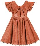 Beganly Toddler Girls Lace Dress Baby Kids Tie Back Bow Pom Pom Ruffle Sleeve Backless Party Princess Dresses, Brick Red, 7 Years