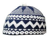 AL ITTIHAF Mens Zigzag HAJI Cap - Kufi All Season Muslim Prayer TOPI Beanie HAT Crown with White Ball - Stretchable ONE Size (Blue)