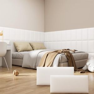 Greymond Peel and Stick Headboard White Upholstered Wall Panels, 12 Panels Sized 7.8" x 15.7", 3D Anti-Collision Soundproof Self-Adhesive Wall Panel for Bedroom