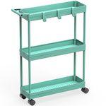 SimpleHouseware 3-Tier Slim Rolling Cart with Handle and Hooks for Narrow Storage Places in Bathroom, Laundry and Kitchen, Turquoise
