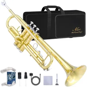 ALLSET Bb Standard Trumpet for Beginners | Student Band, Orchestra, Pro Level Performance | Professional Brass Trumpet Kit with Hard Case, 7C Mouthpiece& Cleaning Kit | Gold