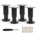 Furniture Adjustable Legs, Metal Bed Support Leg Central Slat Frame Couch Replacement Support Leg Part Heavy Duty Furniture Foot with Screwdriver for Cabinet/Dresser/Table/Sofa 8-12cm (Black 4 Pcs)