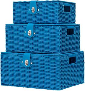 Homepeaz Set of 3 Woven Wicker Storage Basket Box with Lid & Lock, Built-in Carry Handles, Multifunctional Storage Organiser for Nursery, Baby, Clothes, Toys, Books, Large/Medium/Small Size (Sky Blue)