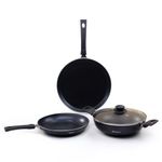 Wonderchef Valencia Non-Stick 4 Pc Cookware Set for Kitchen, Fry Pan 24cm, Kadhai with Glass Lid 24cm, Dosa Tawa 28cm, Non-Toxic PFOA Free, Gas Stove & Induction Friendly, 2-Yr Warranty, Black