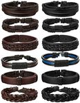 Kakonia 12Pcs Braided Leather Bracelet for Men Women Cuff Wrap Bracelet Adjustable Black and Brown