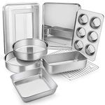 9-Piece Stainless Steel Bakeware Sets, E-far Metal Baking Pan Set Include Round/Square Cake Pans, Rectangle Baking Pan with Lid, Loaf Pan, Muffin Pan, Cookie Sheet with Rack, Dishwasher Safe