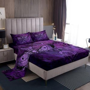 Feelyou Boys Girls Purple Damask Bedding Set King Size, Boho Death Moth Skull Bed Sheets Set Gothic Decor Sheet Set Kids Teens Bedroom Decor Soft Bed Set 4Pcs