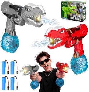 2 Pack Electric Water Gun for Kids Adults, Red & Grey Dinosaur Automatic Squirt Guns with LED Flash, 26-32FT Long Range Rechargeable Water Pistol Set for Outdoor Summer Pool Beach Party