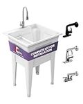 Heavy Duty Utility Sink with Staineless Steel Gooseneck Faucet–Polypropylene Laundry Sink,White Garage Sink,Indoor and Outdoor Use–Complete Sink Set by Noah William Home (24” X 22” X 34” 19.5 Gallons)