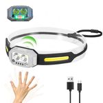 YURROAD Kids Head Torch Rechargeable Headlight for Boys Child Headtorch LED Super Bright Headlamp 4 Modes Motion Sensor IPX4 Waterproof Torch 200 Lumens Headlamp for Camping Running Fishing Hiking