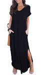 GRECERELLE Women Maxi Long Dress Summer Casual Beach Boho Short Sleeve V Neck Maxi Dresses with Pocket (Black, M)