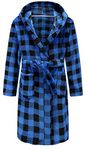 SWMSTUPF Kids Robe Boys Hooded Fleece Sleep Robe Cotton Towel Animal Soft Bathrobe（Blue Black Plaid,15-16Years）