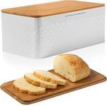 Bread Box for Kitchen Storage & Organisation, White Bread Bin with Bamboo Cutting Board Lid ，Metal Bread Container Food Storage Containers (White)