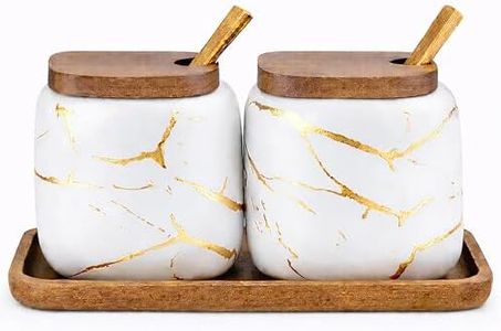 KIDYBELL 2 Sets of Marble Ceramic Seasoning Jars Ceramic Sugar Bowl with Lids,Tray and Spoons (white)